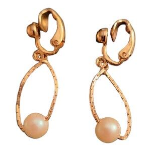 Vintage Gold Tone and Faux Pearl Dangling Drop Clip Earrings